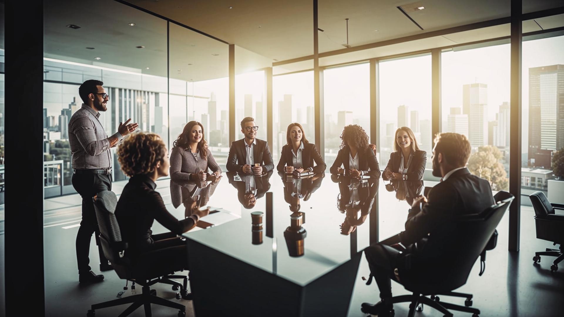 Équipe en discussion dans un bureau moderne